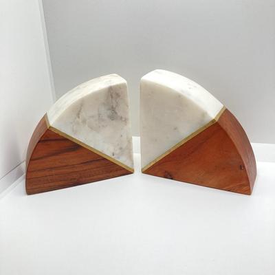 LOT 86K: Vintage Wood and Onyx / Marble Crescent Bookends