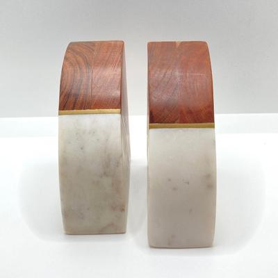 LOT 86K: Vintage Wood and Onyx / Marble Crescent Bookends