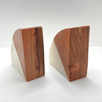 LOT 86K: Vintage Wood and Onyx / Marble Crescent Bookends