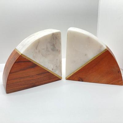 LOT 86K: Vintage Wood and Onyx / Marble Crescent Bookends