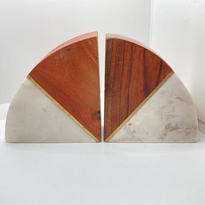 LOT 86K: Vintage Wood and Onyx / Marble Crescent Bookends