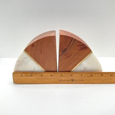 LOT 86K: Vintage Wood and Onyx / Marble Crescent Bookends
