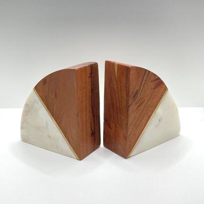 LOT 86K: Vintage Wood and Onyx / Marble Crescent Bookends