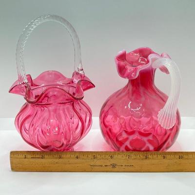 LOT 87K: Stunning Ruffled Top Fenton Art Glass Cranberry Basket and Pitcher