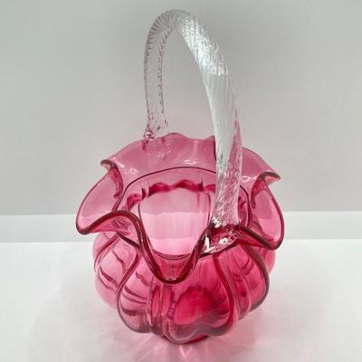 LOT 87K: Stunning Ruffled Top Fenton Art Glass Cranberry Basket and Pitcher