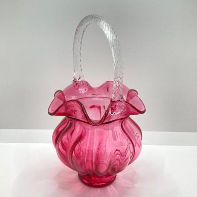 LOT 87K: Stunning Ruffled Top Fenton Art Glass Cranberry Basket and Pitcher