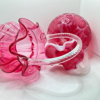 LOT 87K: Stunning Ruffled Top Fenton Art Glass Cranberry Basket and Pitcher