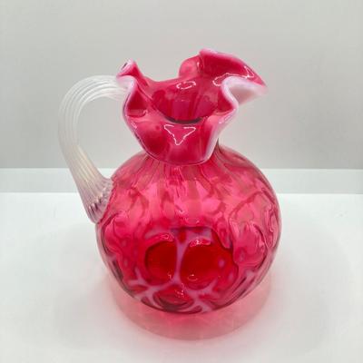 LOT 87K: Stunning Ruffled Top Fenton Art Glass Cranberry Basket and Pitcher