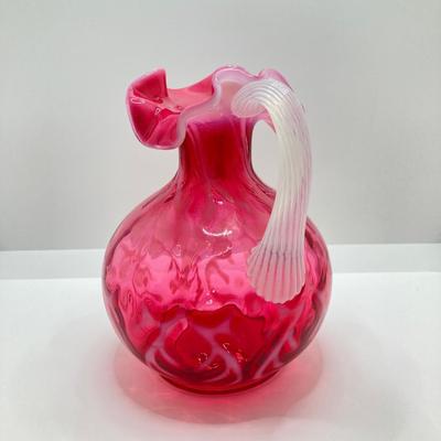 LOT 87K: Stunning Ruffled Top Fenton Art Glass Cranberry Basket and Pitcher