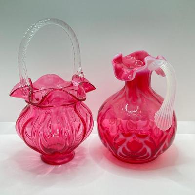 LOT 87K: Stunning Ruffled Top Fenton Art Glass Cranberry Basket and Pitcher
