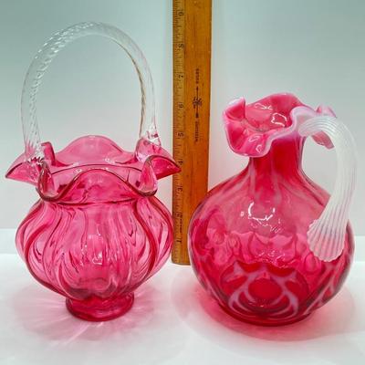 LOT 87K: Stunning Ruffled Top Fenton Art Glass Cranberry Basket and Pitcher