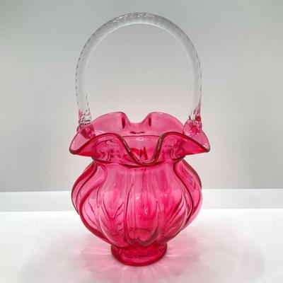 LOT 87K: Stunning Ruffled Top Fenton Art Glass Cranberry Basket and Pitcher