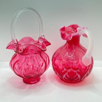 LOT 87K: Stunning Ruffled Top Fenton Art Glass Cranberry Basket and Pitcher