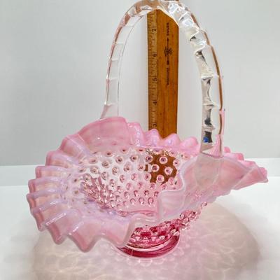 LOT 88K: Collection of Pink Glass - Three Fenton Art Glass Bells, Ribbon Top Basket and Bowl