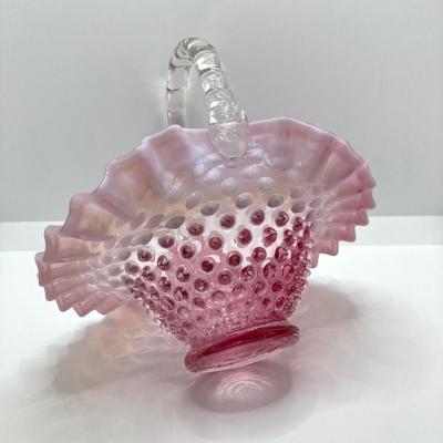 LOT 88K: Collection of Pink Glass - Three Fenton Art Glass Bells, Ribbon Top Basket and Bowl