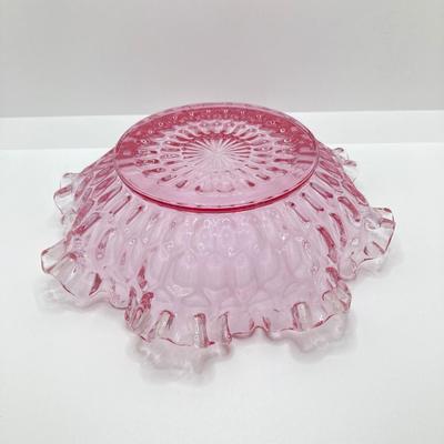 LOT 88K: Collection of Pink Glass - Three Fenton Art Glass Bells, Ribbon Top Basket and Bowl