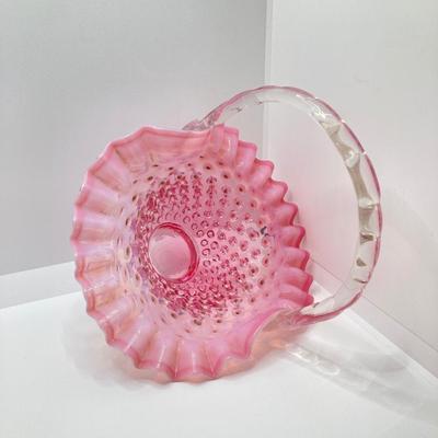 LOT 88K: Collection of Pink Glass - Three Fenton Art Glass Bells, Ribbon Top Basket and Bowl