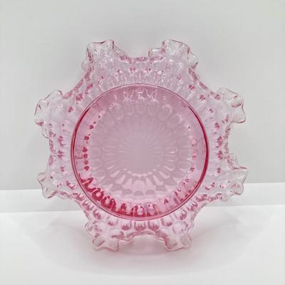 LOT 88K: Collection of Pink Glass - Three Fenton Art Glass Bells, Ribbon Top Basket and Bowl