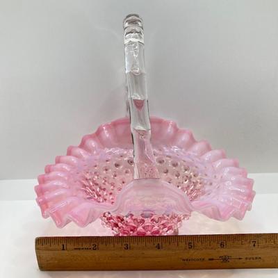 LOT 88K: Collection of Pink Glass - Three Fenton Art Glass Bells, Ribbon Top Basket and Bowl