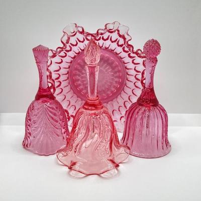 LOT 88K: Collection of Pink Glass - Three Fenton Art Glass Bells, Ribbon Top Basket and Bowl