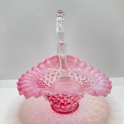 LOT 88K: Collection of Pink Glass - Three Fenton Art Glass Bells, Ribbon Top Basket and Bowl