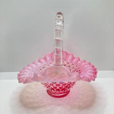 LOT 88K: Collection of Pink Glass - Three Fenton Art Glass Bells, Ribbon Top Basket and Bowl