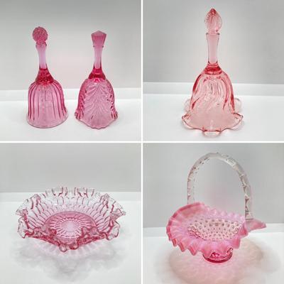 LOT 88K: Collection of Pink Glass - Three Fenton Art Glass Bells, Ribbon Top Basket and Bowl