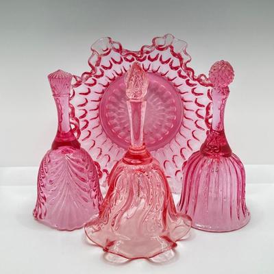 LOT 88K: Collection of Pink Glass - Three Fenton Art Glass Bells, Ribbon Top Basket and Bowl