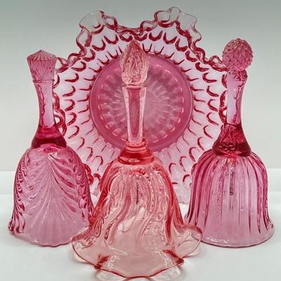 LOT 88K: Collection of Pink Glass - Three Fenton Art Glass Bells, Ribbon Top Basket and Bowl