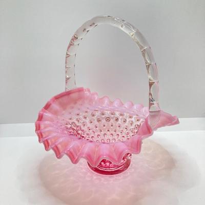 LOT 88K: Collection of Pink Glass - Three Fenton Art Glass Bells, Ribbon Top Basket and Bowl