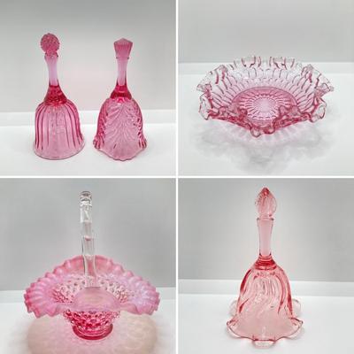 LOT 88K: Collection of Pink Glass - Three Fenton Art Glass Bells, Ribbon Top Basket and Bowl