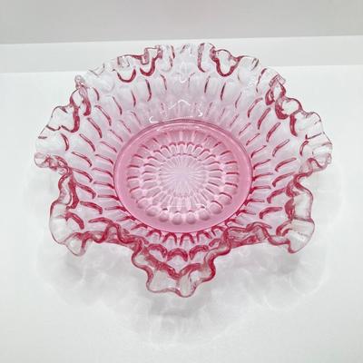 LOT 88K: Collection of Pink Glass - Three Fenton Art Glass Bells, Ribbon Top Basket and Bowl