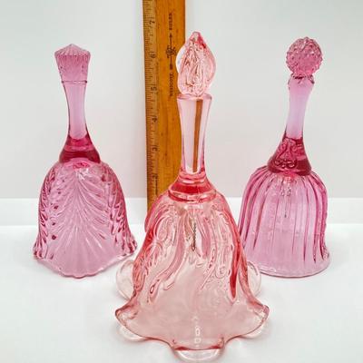 LOT 88K: Collection of Pink Glass - Three Fenton Art Glass Bells, Ribbon Top Basket and Bowl