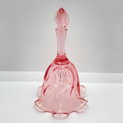 LOT 88K: Collection of Pink Glass - Three Fenton Art Glass Bells, Ribbon Top Basket and Bowl