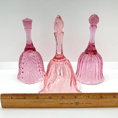 LOT 88K: Collection of Pink Glass - Three Fenton Art Glass Bells, Ribbon Top Basket and Bowl