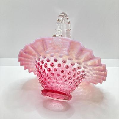 LOT 88K: Collection of Pink Glass - Three Fenton Art Glass Bells, Ribbon Top Basket and Bowl