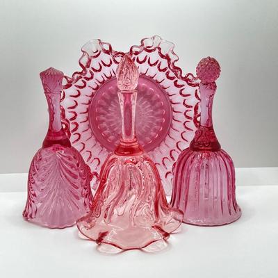 LOT 88K: Collection of Pink Glass - Three Fenton Art Glass Bells, Ribbon Top Basket and Bowl