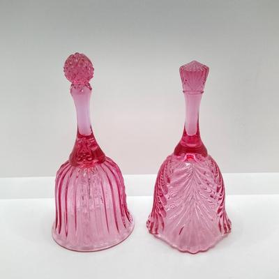 LOT 88K: Collection of Pink Glass - Three Fenton Art Glass Bells, Ribbon Top Basket and Bowl