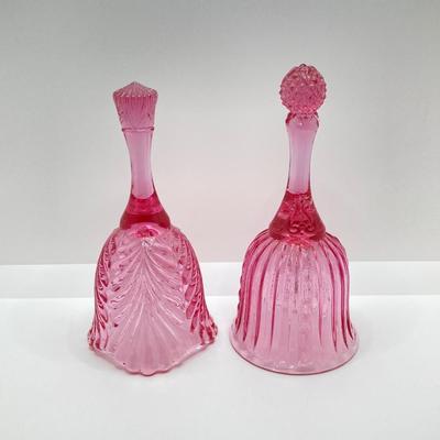 LOT 88K: Collection of Pink Glass - Three Fenton Art Glass Bells, Ribbon Top Basket and Bowl