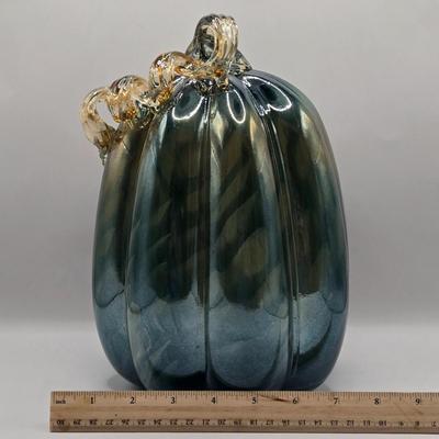 LOT 106K: White Glass Pumpkin with Golden Glitter & Teal, Multi Colored Pumpkin