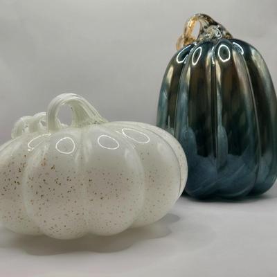 LOT 106K: White Glass Pumpkin with Golden Glitter & Teal, Multi Colored Pumpkin
