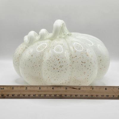 LOT 106K: White Glass Pumpkin with Golden Glitter & Teal, Multi Colored Pumpkin