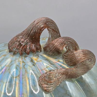 LOT 108K: Two Light Teal Colored Pumpkins, 1 with Gold Tone Veining and Opaque Glaze