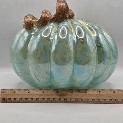 LOT 108K: Two Light Teal Colored Pumpkins, 1 with Gold Tone Veining and Opaque Glaze