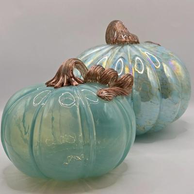 LOT 108K: Two Light Teal Colored Pumpkins, 1 with Gold Tone Veining and Opaque Glaze