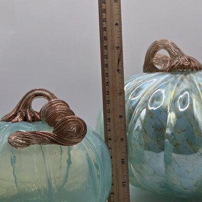 LOT 108K: Two Light Teal Colored Pumpkins, 1 with Gold Tone Veining and Opaque Glaze