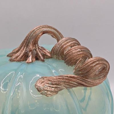 LOT 108K: Two Light Teal Colored Pumpkins, 1 with Gold Tone Veining and Opaque Glaze
