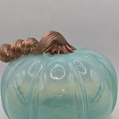LOT 108K: Two Light Teal Colored Pumpkins, 1 with Gold Tone Veining and Opaque Glaze