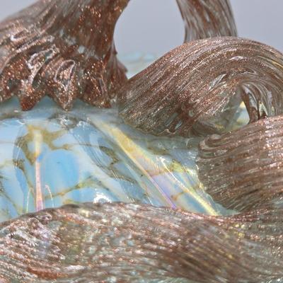 LOT 108K: Two Light Teal Colored Pumpkins, 1 with Gold Tone Veining and Opaque Glaze