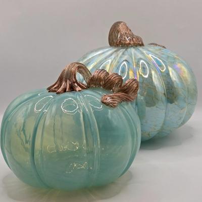 LOT 108K: Two Light Teal Colored Pumpkins, 1 with Gold Tone Veining and Opaque Glaze